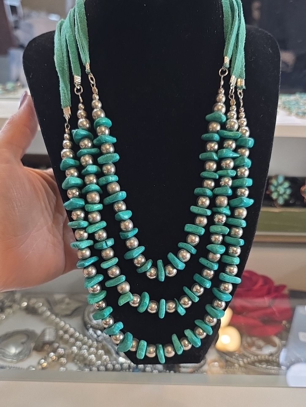 Handmade Turquoise Bead Triple-Strand Necklace Leather Strung